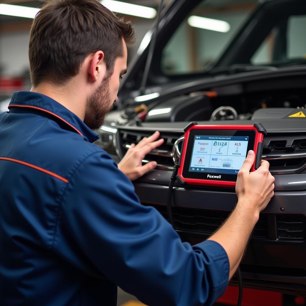 Mechanic Using Foxwell NT100 in Workshop to Diagnose Car