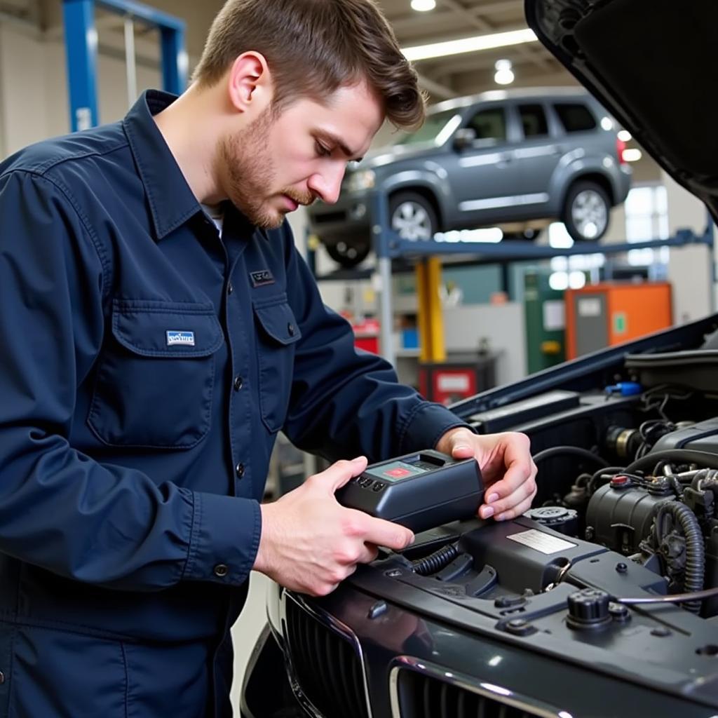 Mechanic using Foxwell NT301 in a professional workshop