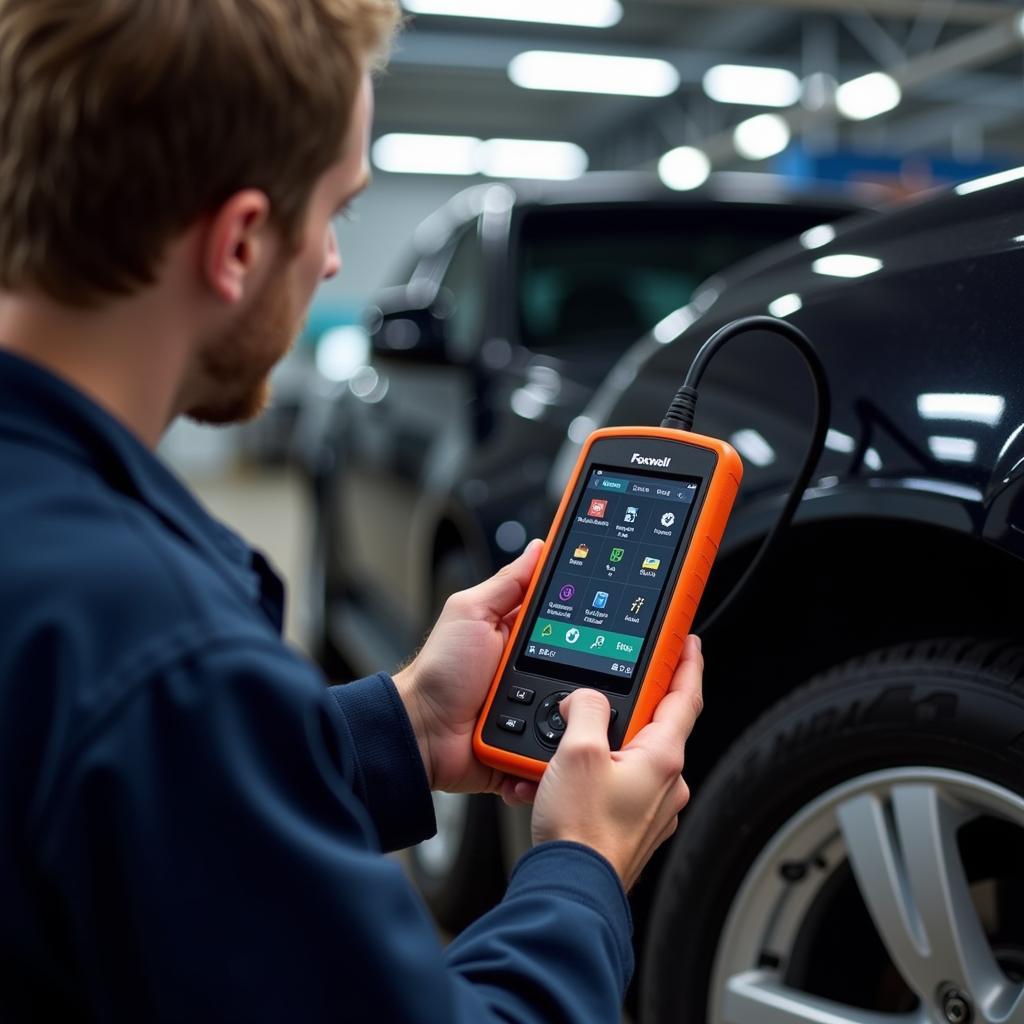 Mechanic Using Foxwell NT360 in Workshop