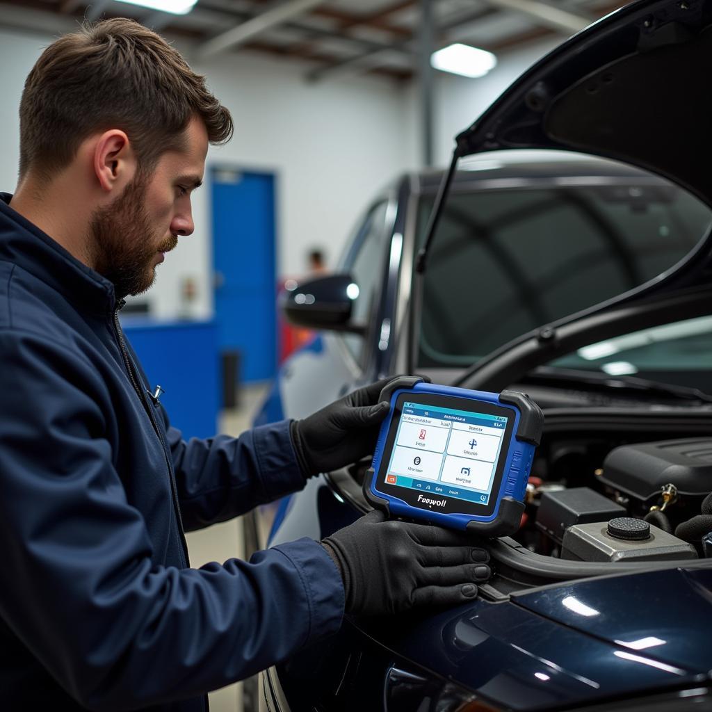 Mechanic using Foxwell NT510 Elite in a workshop