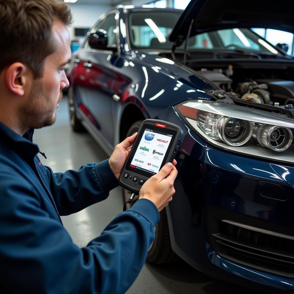 Mechanic Using Foxwell NT510 in Workshop