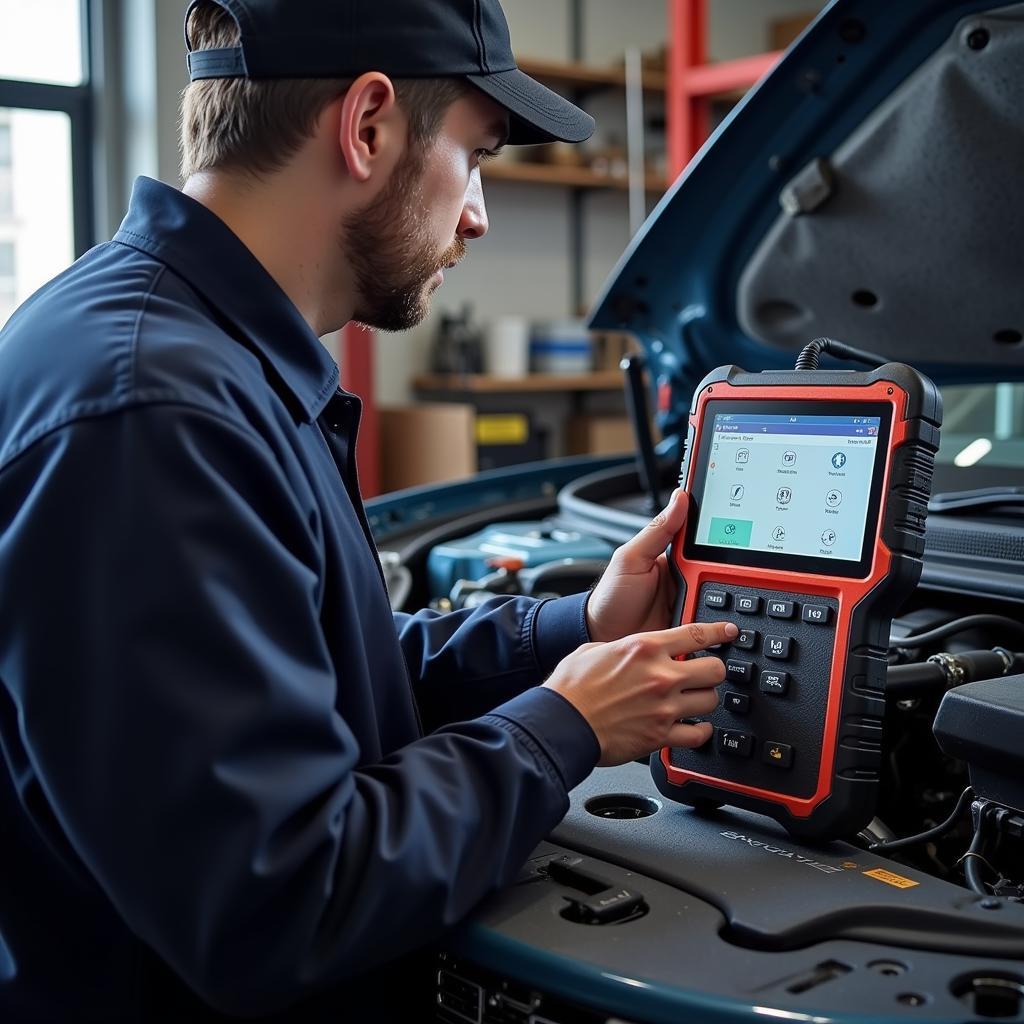 Mechanic Using Foxwell NT510 in Workshop