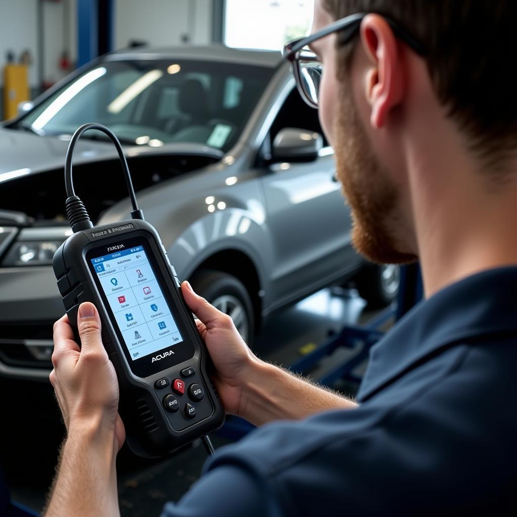 Mechanic Using Foxwell NT510 on Acura MDX in Workshop