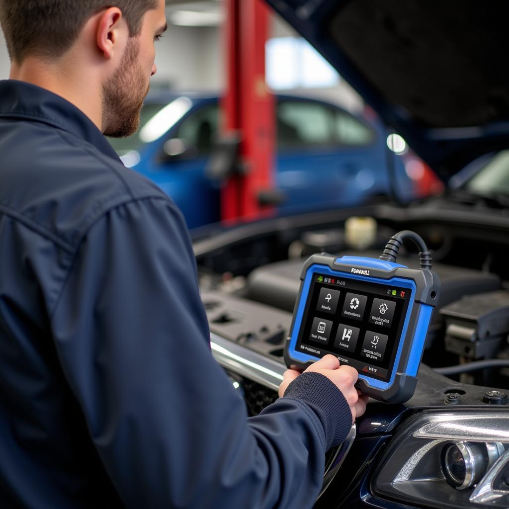 Mechanic Using Foxwell NT614 in Garage