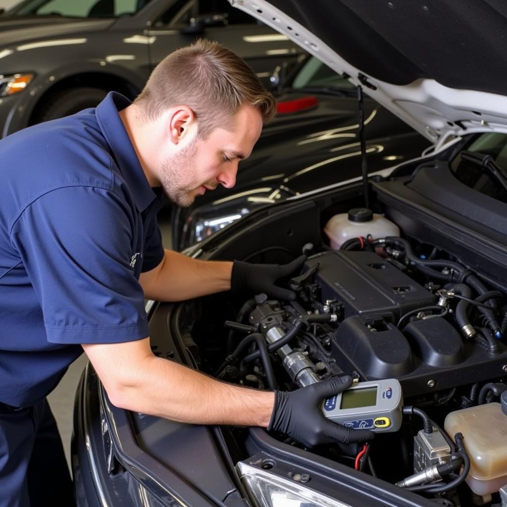 Mechanic Using Foxwell NT614 OBD2 Scanner