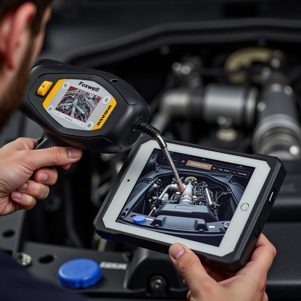 Mechanic Using Foxwell NT624 Elite Video Scope on Car Engine