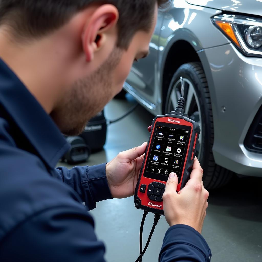 Mechanic Using Foxwell NT624 in Workshop