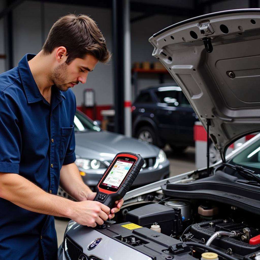 Mechanic Using Foxwell NT624 Pro in Workshop