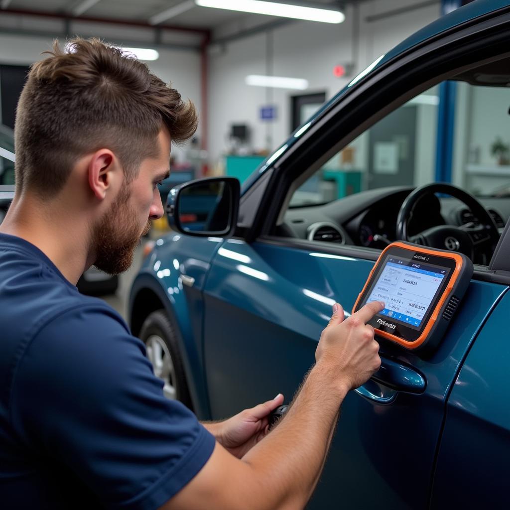 Mechanic Using Foxwell NT630 Elite in Workshop