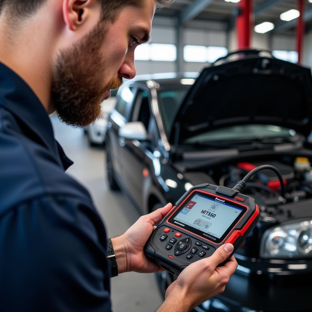 Mechanic Using Foxwell NT650 in Garage