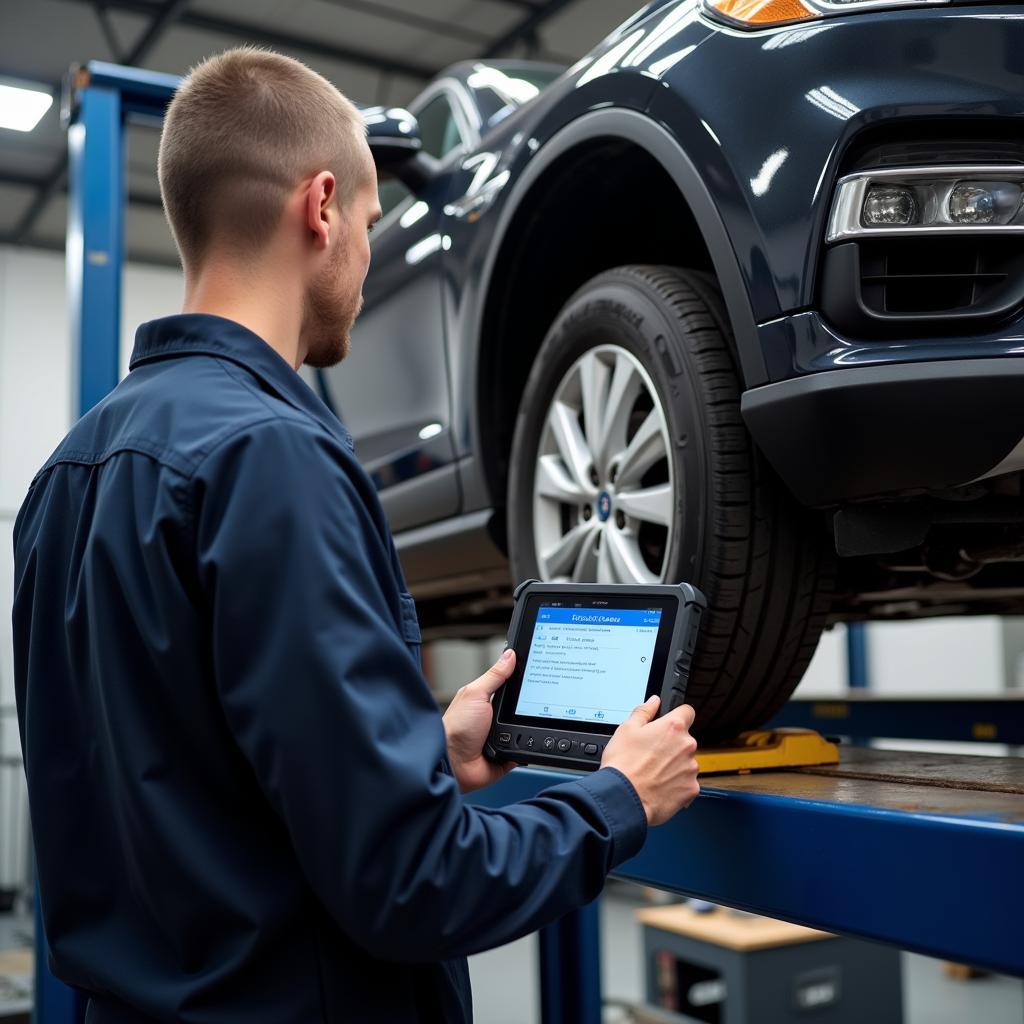 Mechanic Using Foxwell ODB Scanner in a Professional Workshop