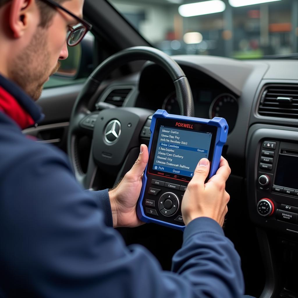 Mechanic Using Foxwell Scan Tool on Car