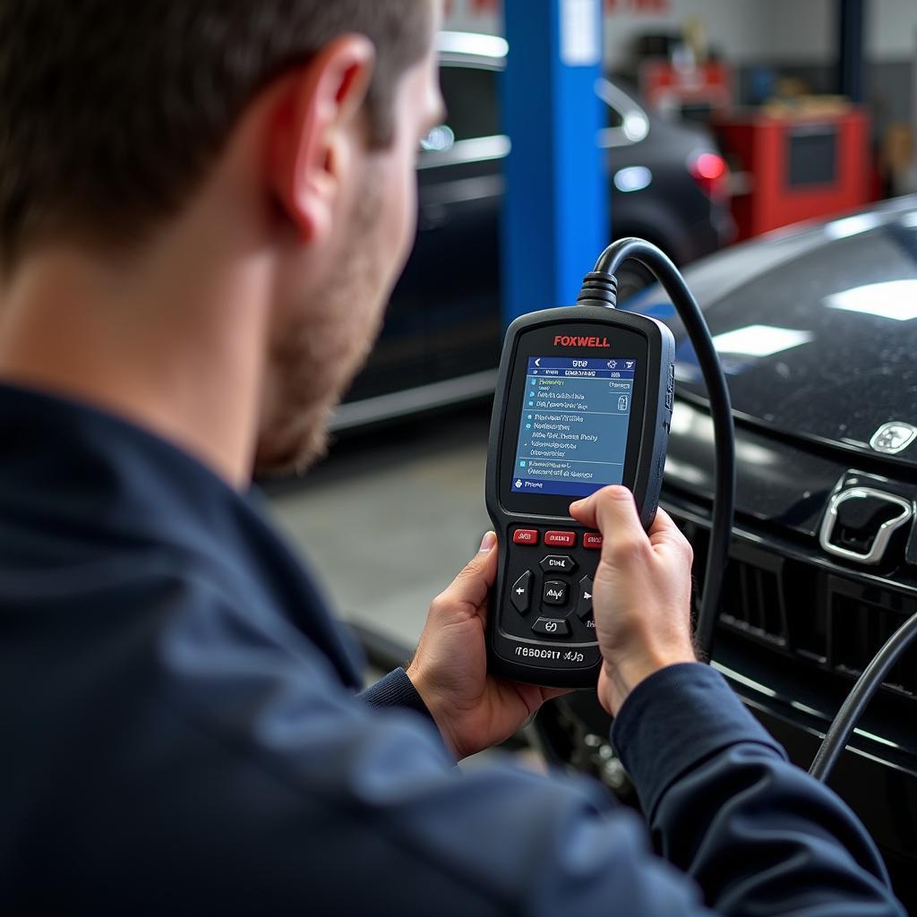 Mechanic Using a Foxwell Scanner to Diagnose Car Problems