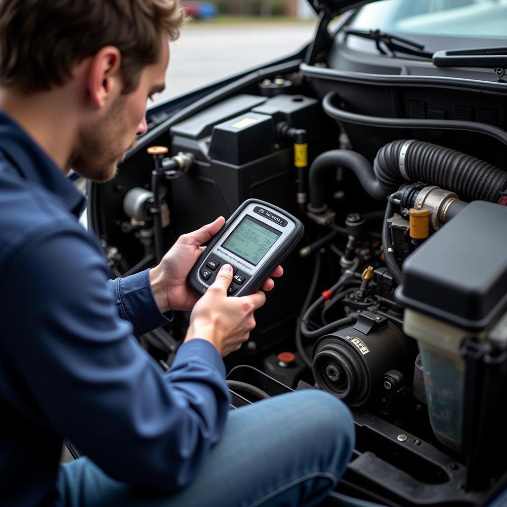 Mechanic Using a Foxwell Scanner on a Car