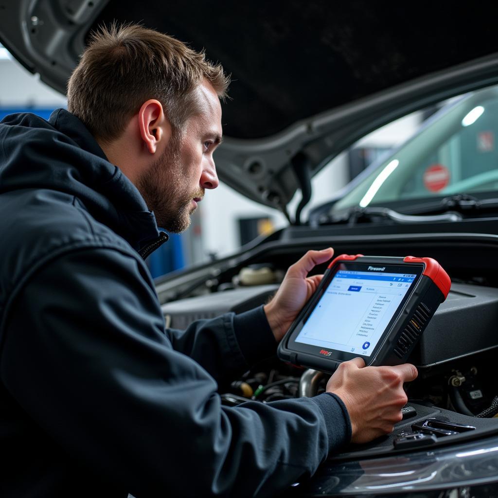 Mechanic Using a Foxwell Scanner to Diagnose a Car Problem