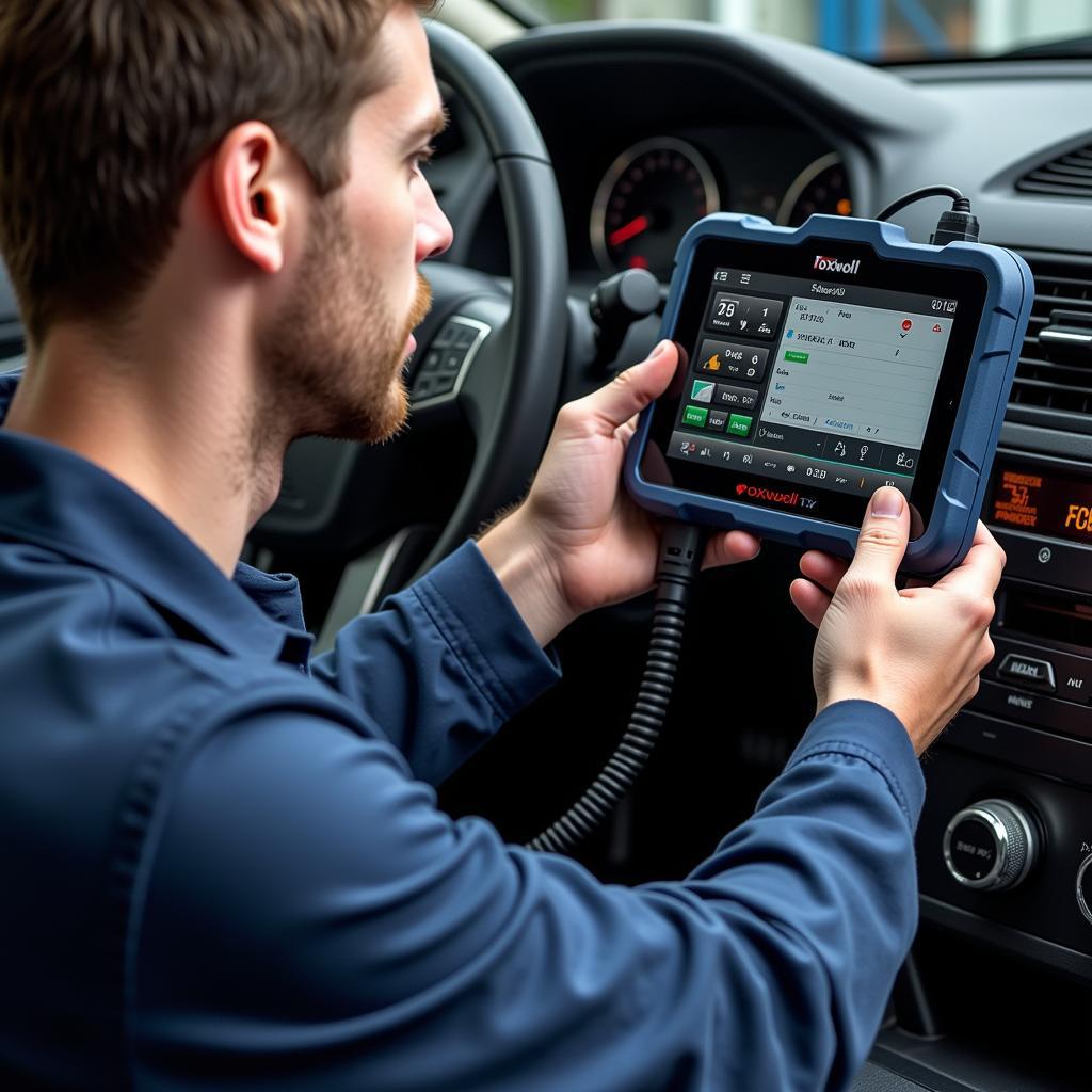 Mechanic using a Foxwell diagnostic scanner to perform bi-directional control diagnostics on a car.