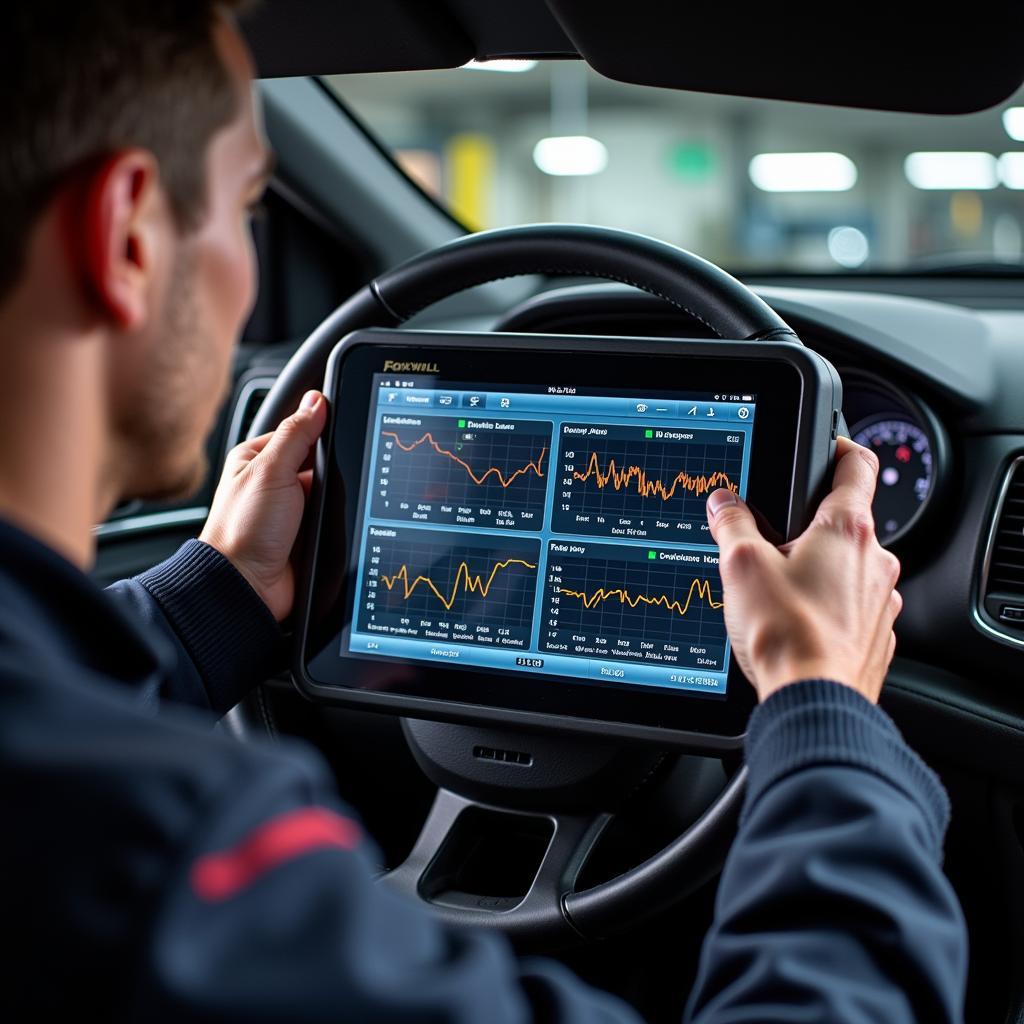 Mechanic Using a Foxwell Scanner for Live Data Analysis