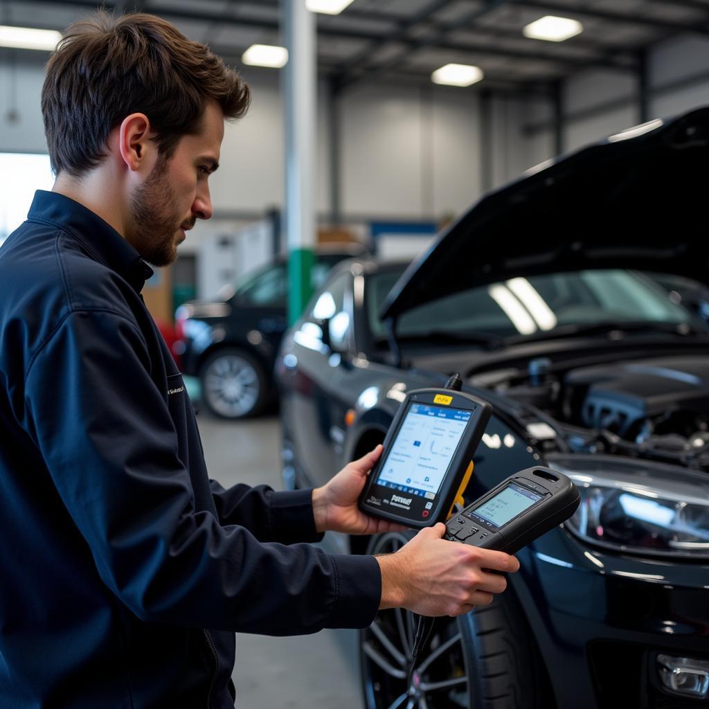 Mechanic Using Foxwell Scanner in Workshop