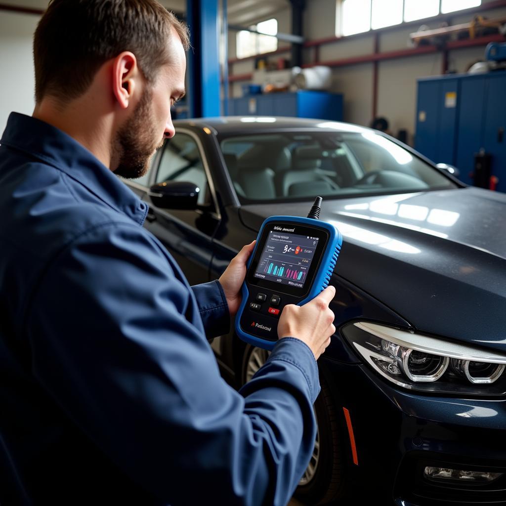 Mechanic Using Foxwell Scanner on BMW