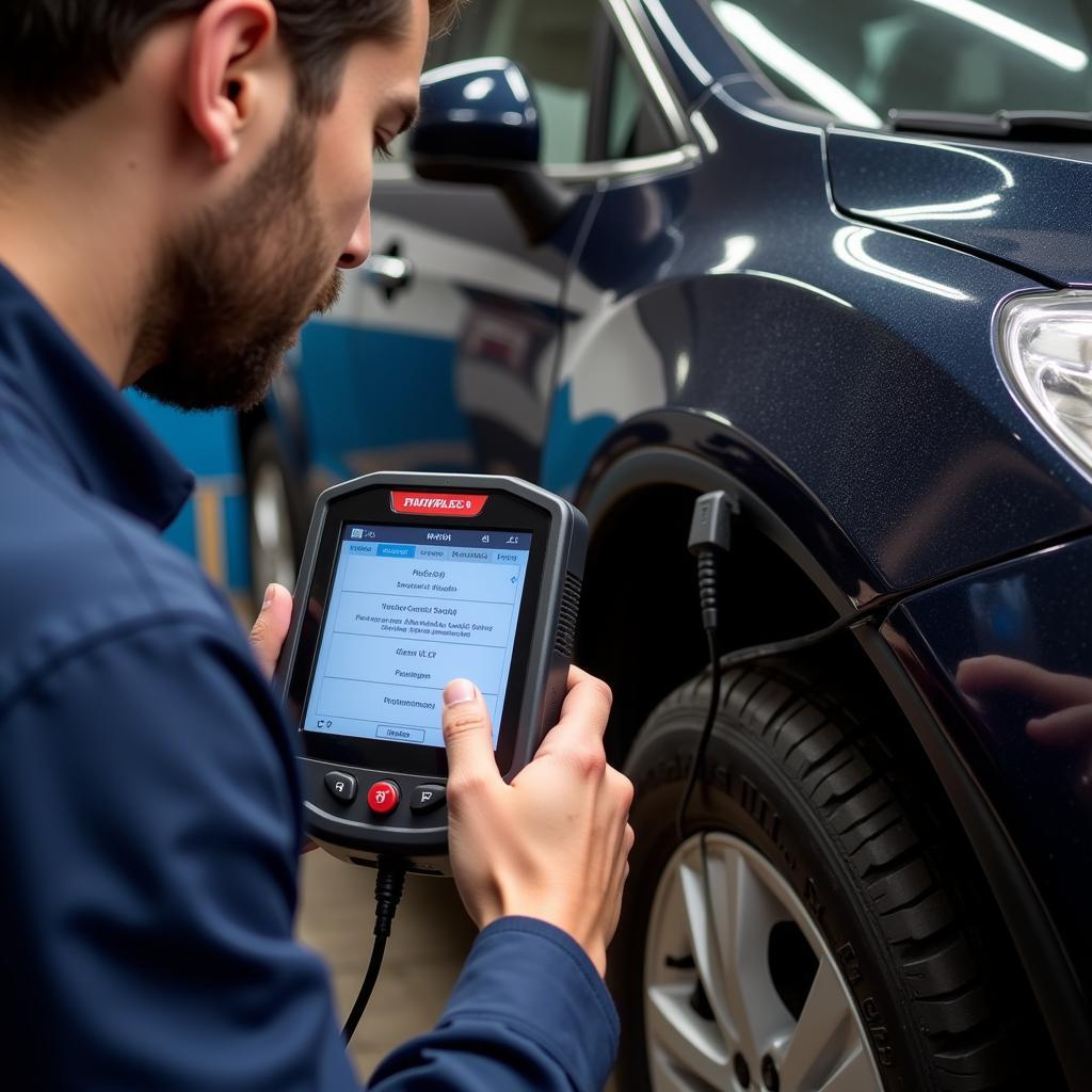 Mechanic Using Foxwell Scanner on Car