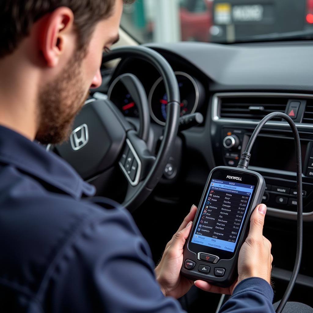 Mechanic Using Foxwell Scanner on Honda Transmission