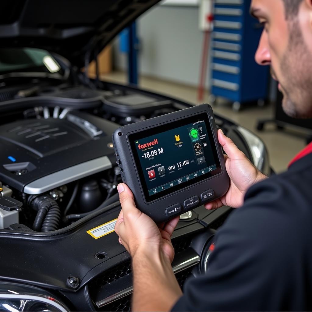 Mechanic Using Foxwell Scanner on Mercedes Engine