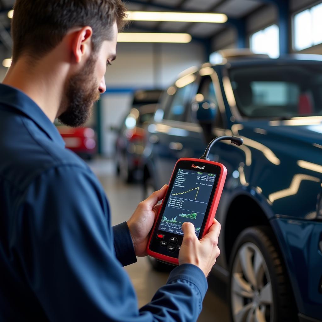 Mechanic Using Foxwell Scanner to Repair a Car