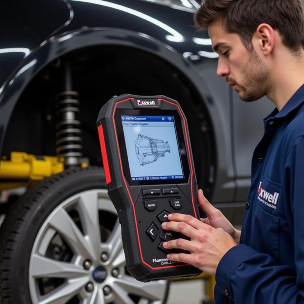 Mechanic Using Foxwell Scanner to Check Transmission