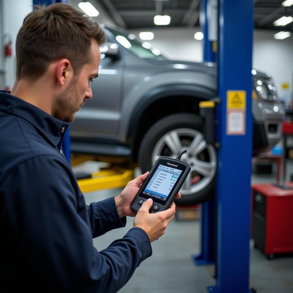 Mechanic Using Foxwell Scantool in Repair Shop