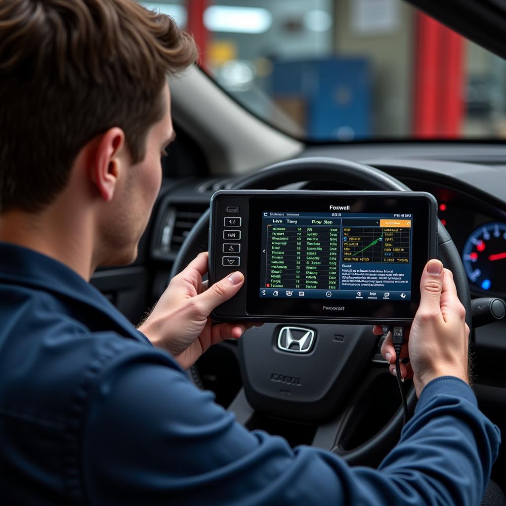 Mechanic Using Foxwell Tester on Car