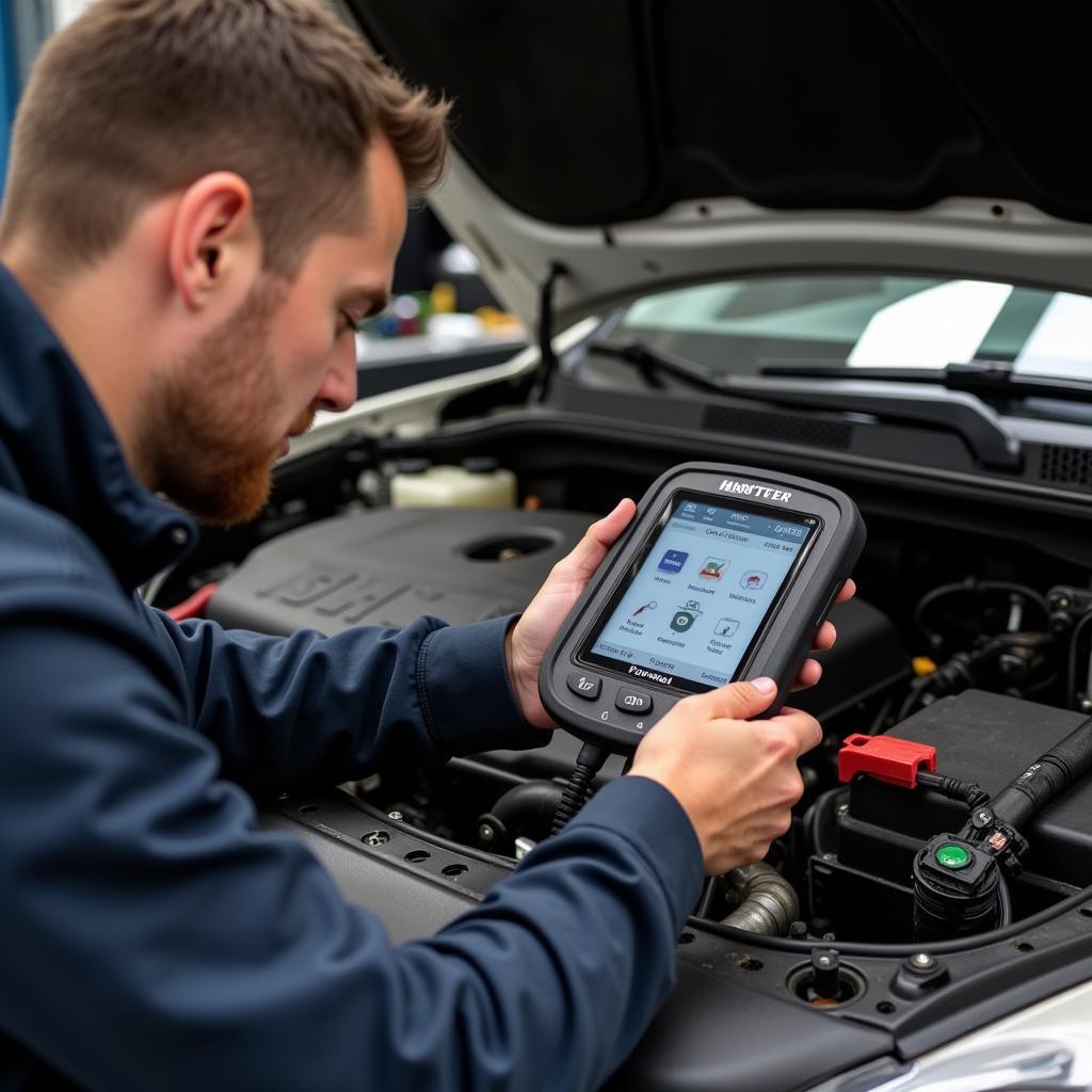 A mechanic using a Hunter Foxwell scan tool to guide a car repair.