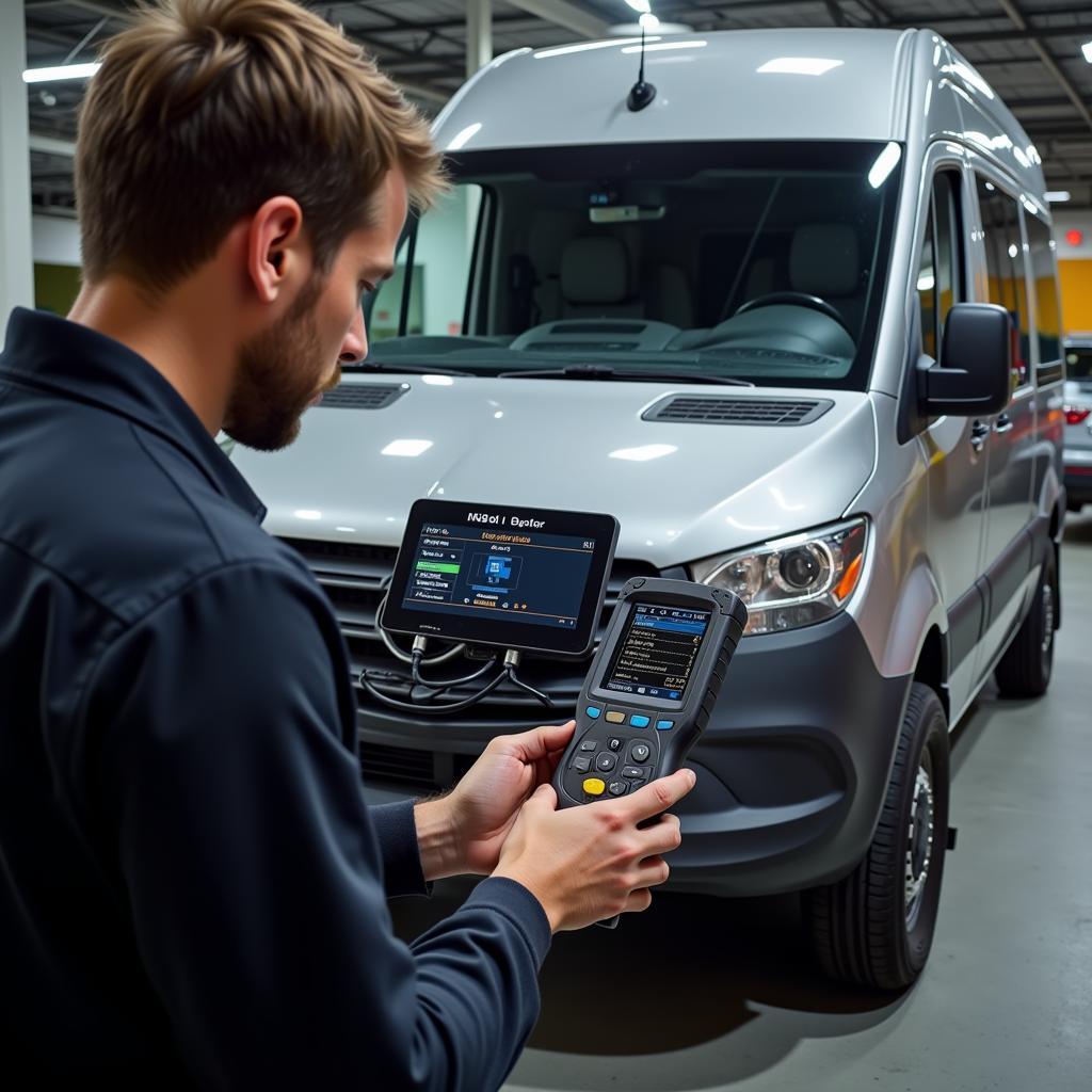 Mechanic Using iCarsoft MBII i980 on Sprinter Van