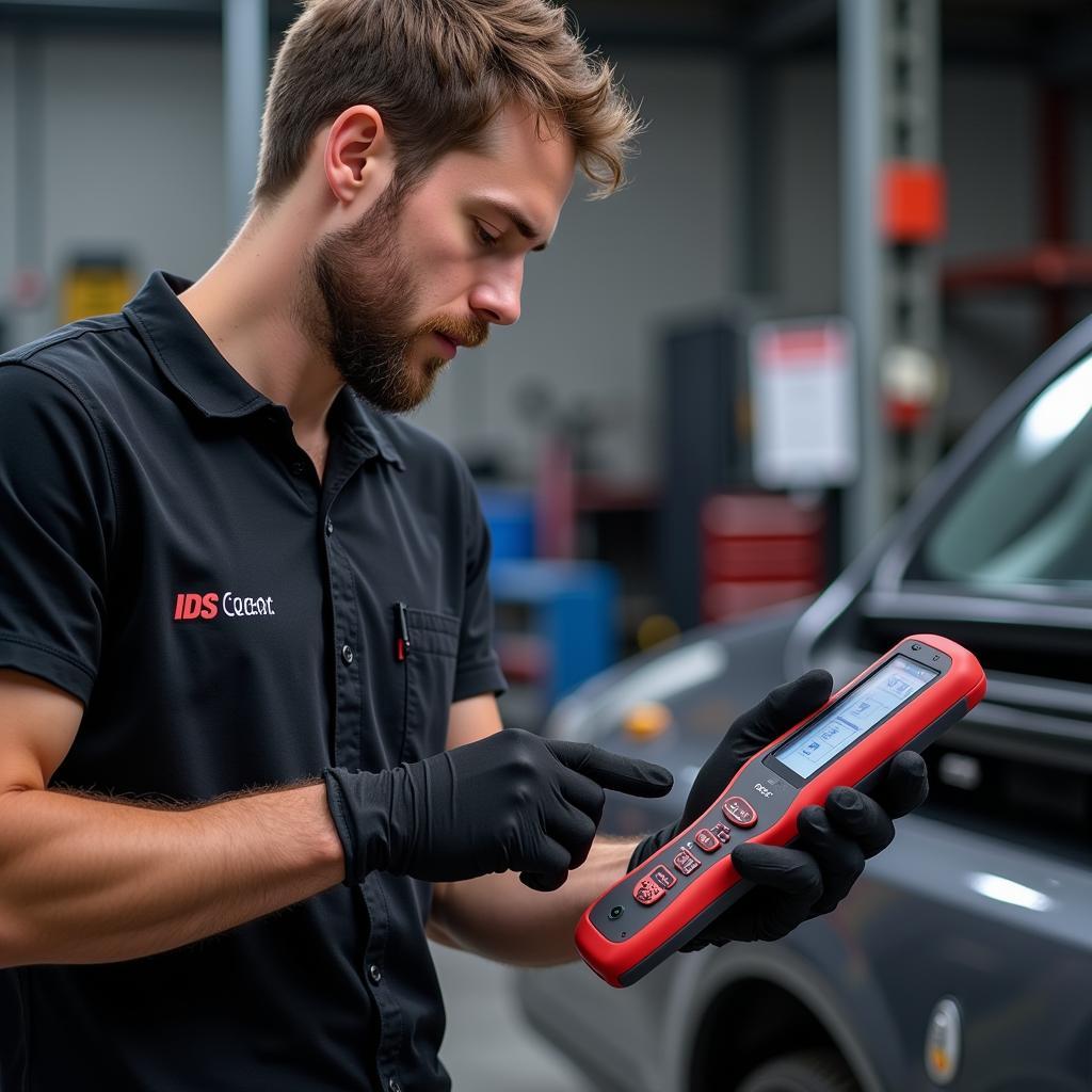 Mechanic Using IDS Scan Tool in Repair Shop