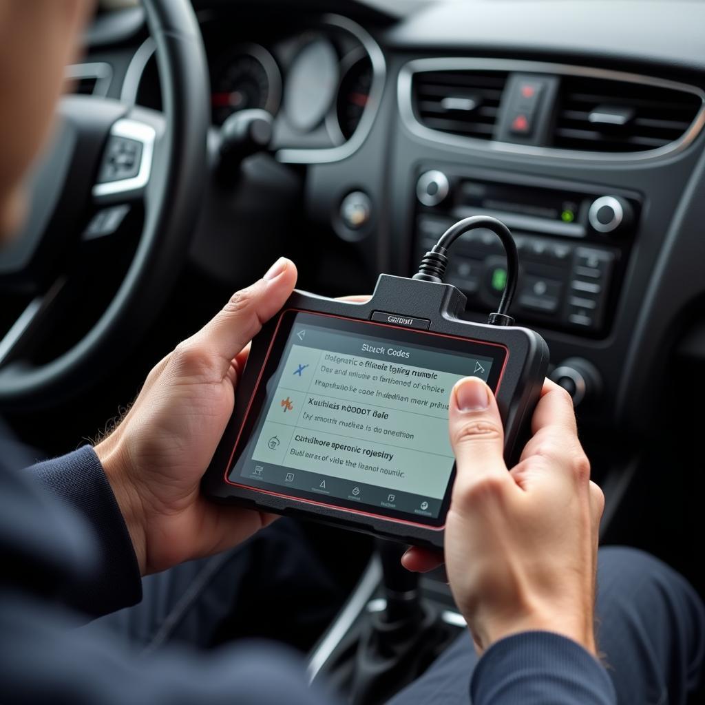 Mechanic Using Intel Processor Diagnostic Tool on Modern Car