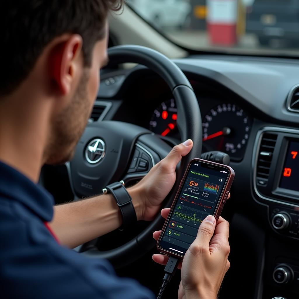 Mechanic Using iPhone Diagnostic Tool