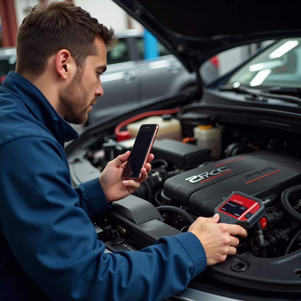 Mechanic Using iPhone Diagnostic Tool