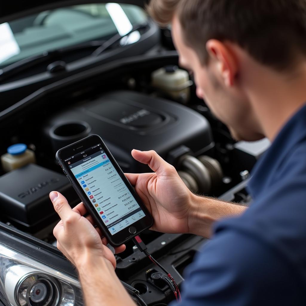 Mechanic Using iPod Touch Diagnostic Tool