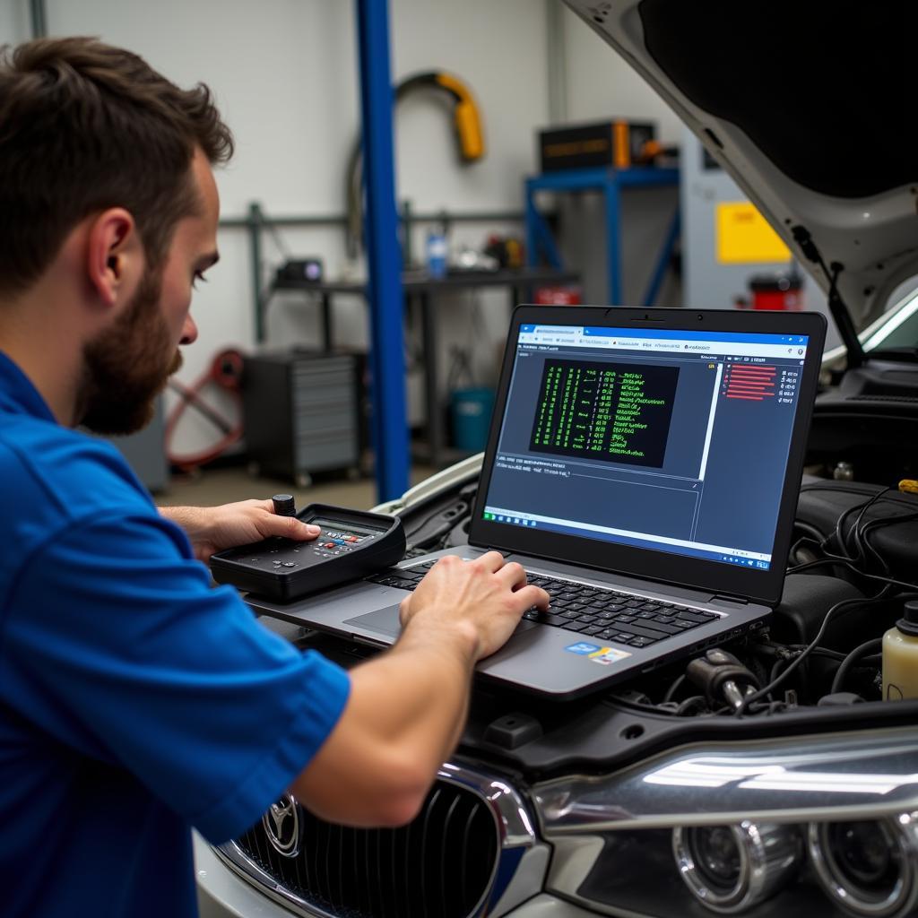 Mechanic Using Laptop Scan Tool to Diagnose Car Problem