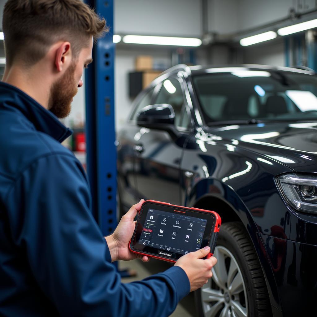 Mechanic using Leonardo Scan Tool in a Workshop