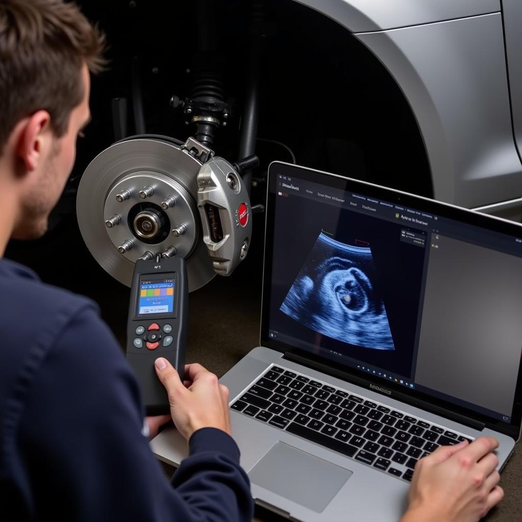 Mechanic Diagnosing Brake System with Microsoft Ultrasound Tool