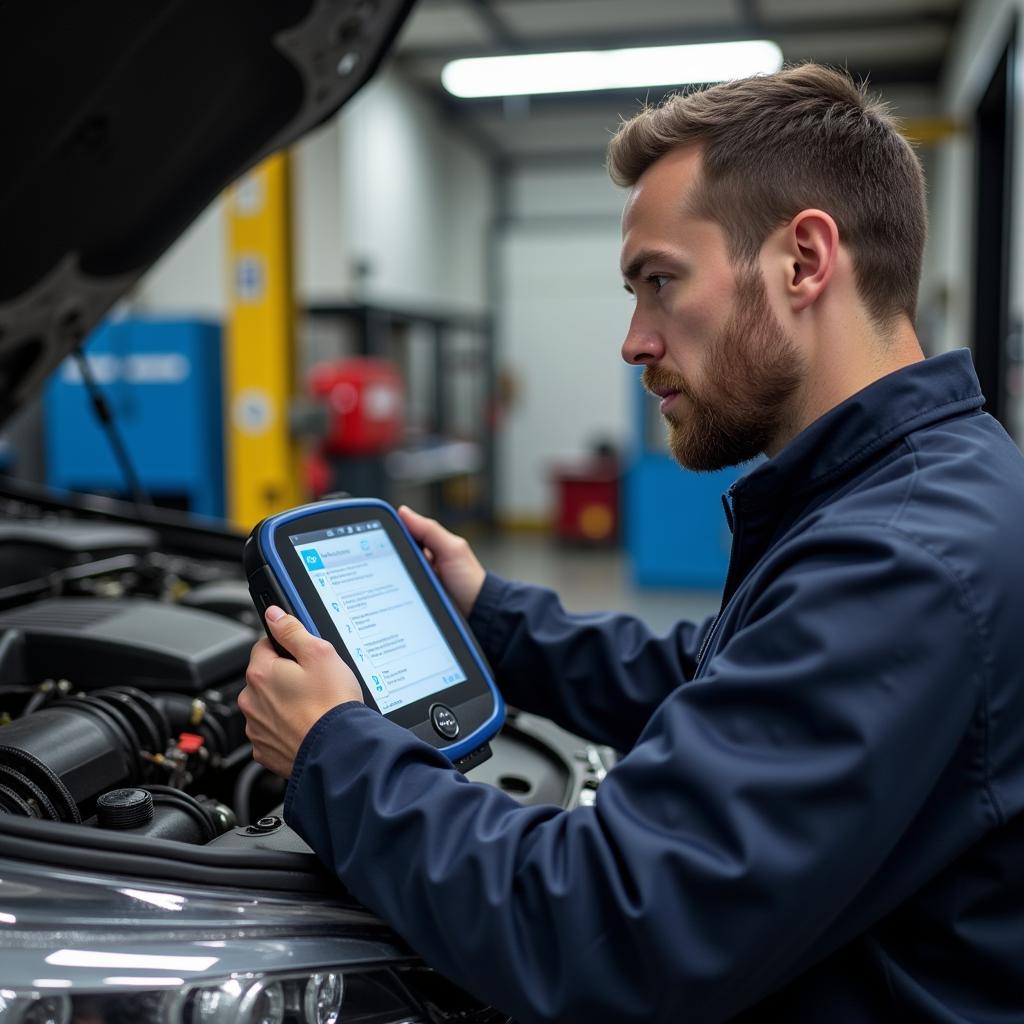 Mechanic Using OBD Scan Tool in Workshop