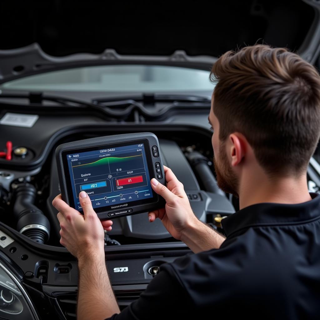 Mechanic Diagnosing Mercedes-Benz E320 with OBD Scan Tool