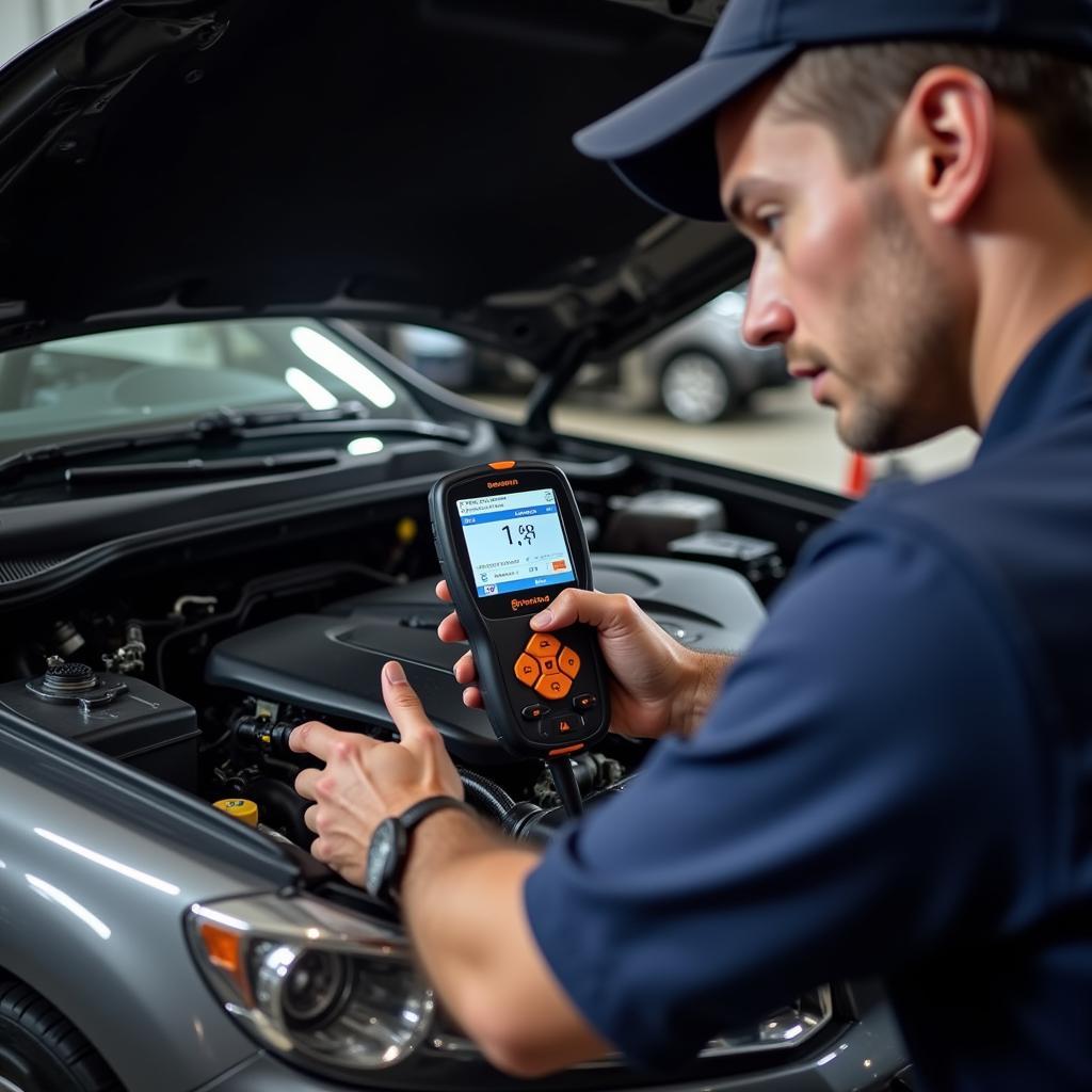 Mechanic using an OBD2 Bluetooth scanner to diagnose a car