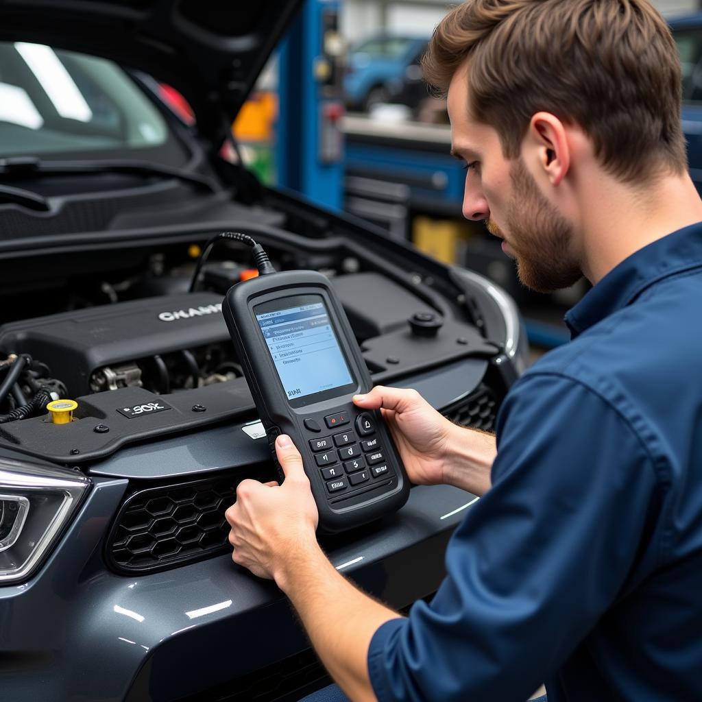 Mechanic Using OBD2 Enhanced Scan Tool