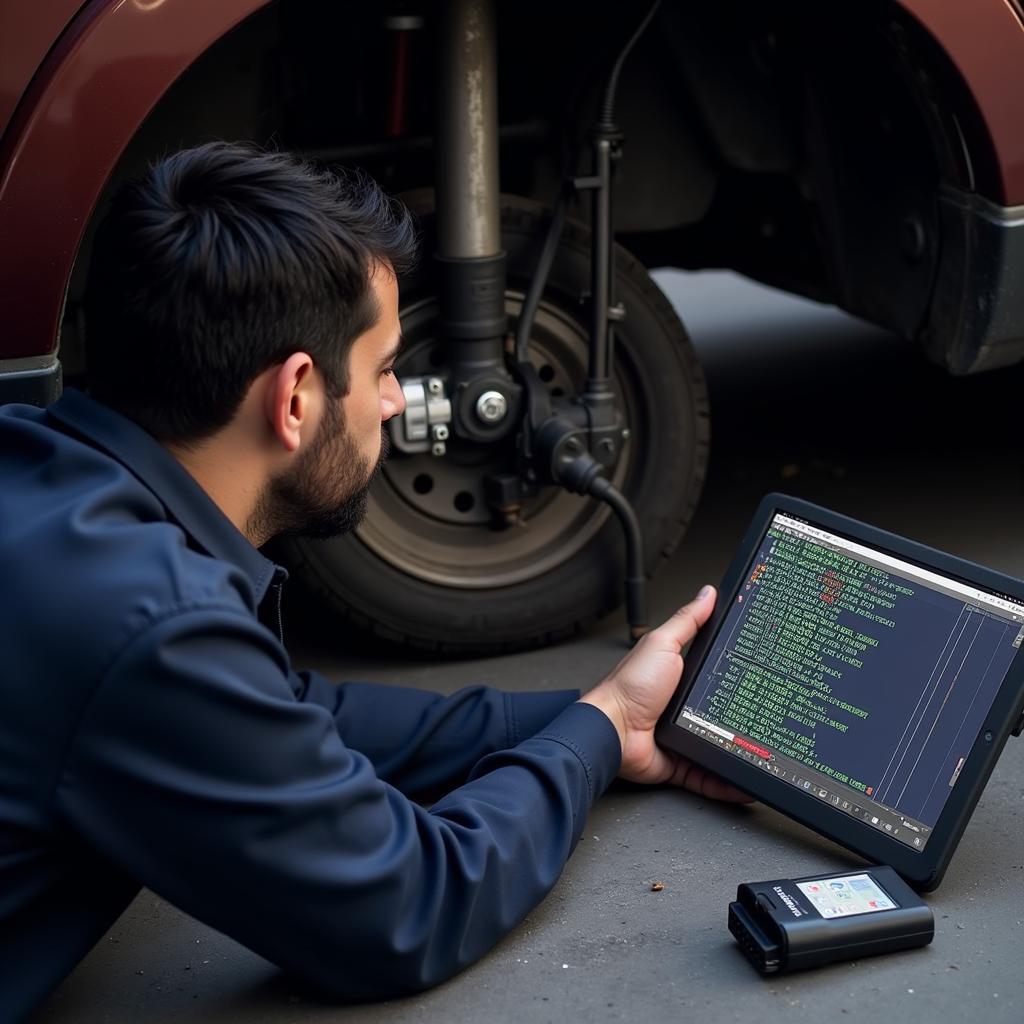 Mechanic Using OBD2 Scan Tool Under Car