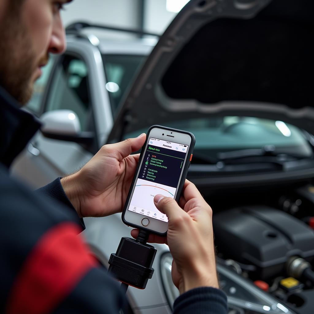 Mechanic Using an OBD2 Scanner and iPhone for Car Diagnostics