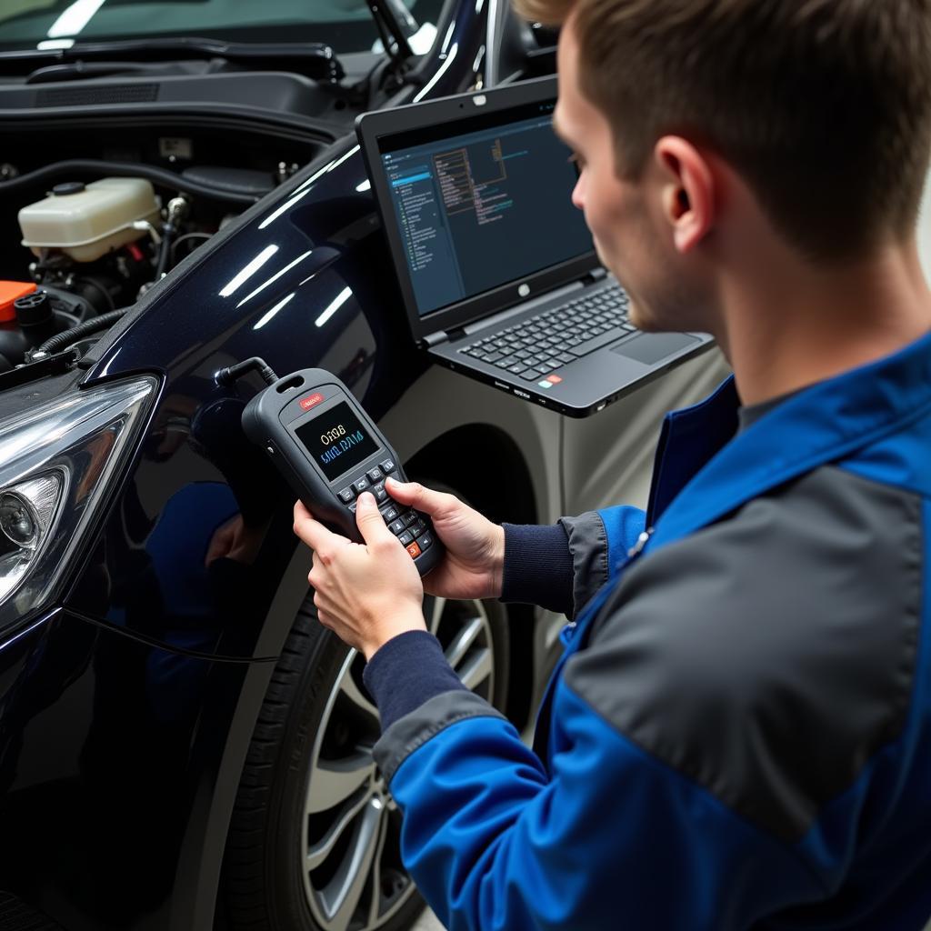 Mechanic Using OBD2 Scanner and Laptop