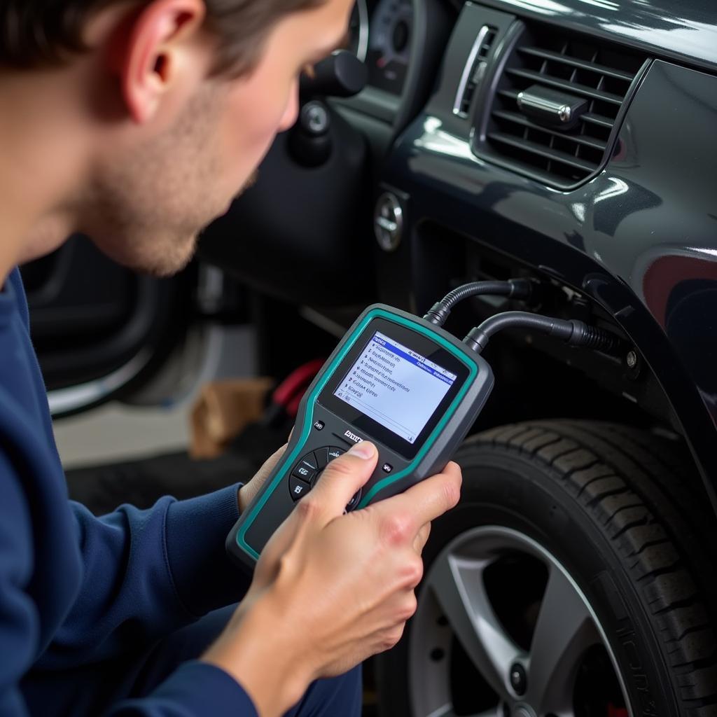 Mechanic Using OBD2 Scanner on Car