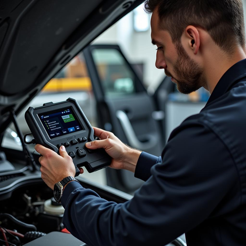 Mechanic Using OBD2 Scanner on a Car