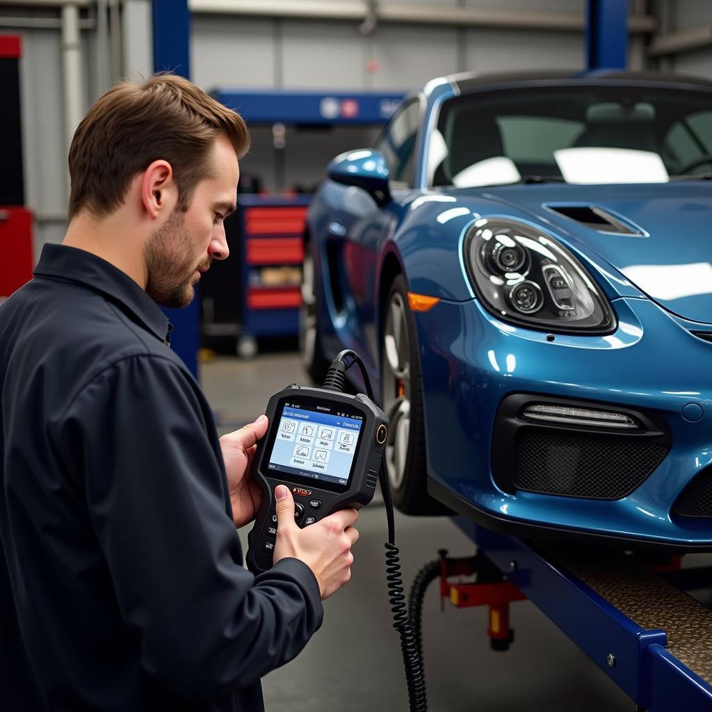 Mechanic Using an OBD2 Scanner on a European Sports Car